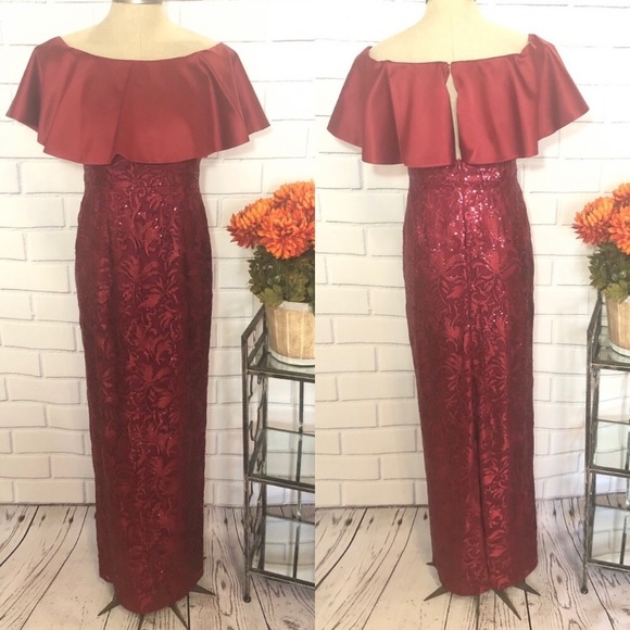 Adrianna Papell off the shoulder flounce red sequin dress - Picture 3 of 6